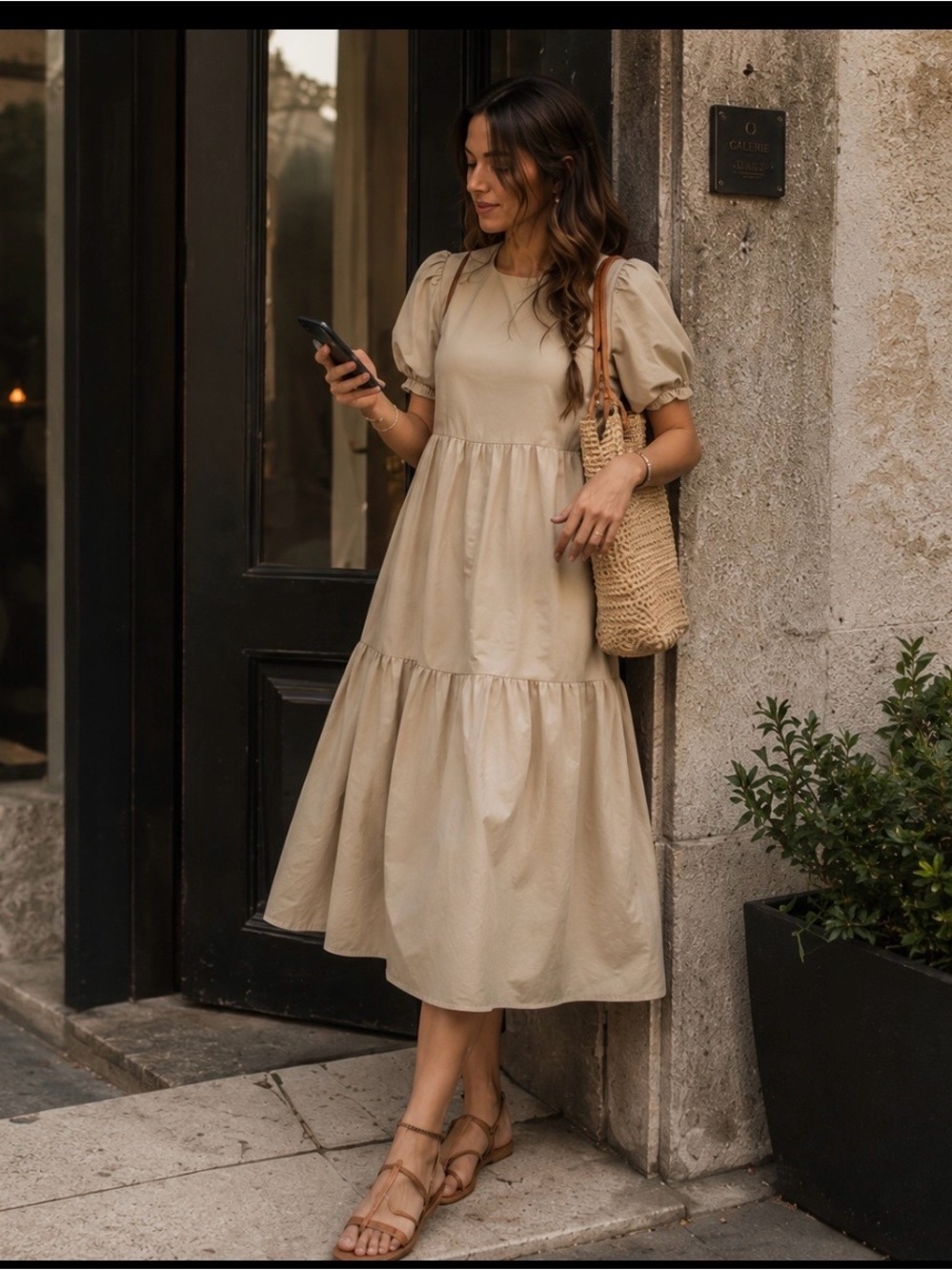 Zara Camel Tan Poplin Tiered Midi Dress Puff Sleeve Asymmetric Hem Pockets S - Picture 1 of 16